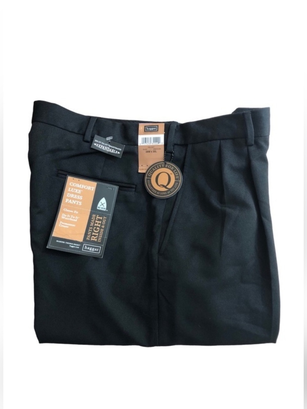 Haggar Classic Fit Pleat Front Expandable Waist No Iron Black Dress Pants 38X30